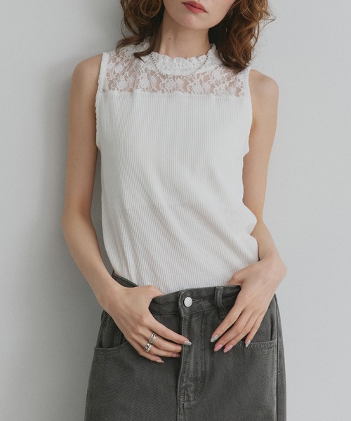 プチハイネック レース リブ タンクトップ（Tシャツ/カットソー）｜ad