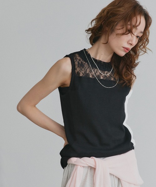ad thie(アドティエ)の「プチハイネック レース リブ タンクトップ(Tシャツ/カットソー・レディース・ブラック/オフホワイト・LARGE/MEDIUM)」の2枚目の写真