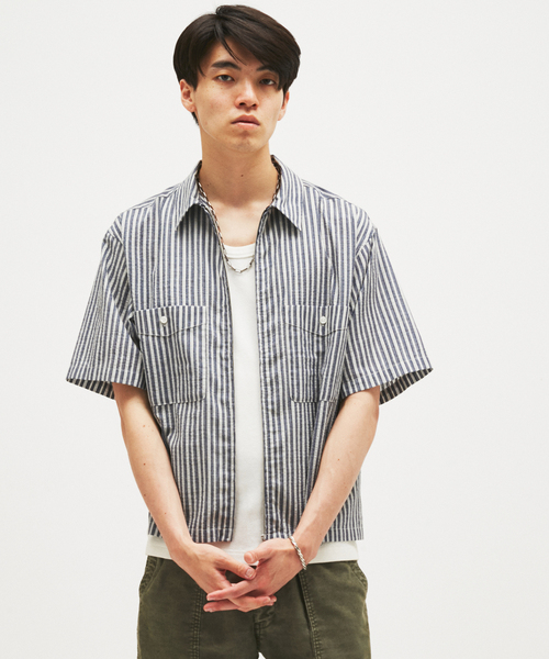 JOURNAL STANDARD(ジャーナルスタンダード)の「ストライプ サッカー ジップ シャツ(シャツ/ブラウス・メンズ・ダークブルー/ホワイト・LARGE/MEDIUM)」の2枚目の写真