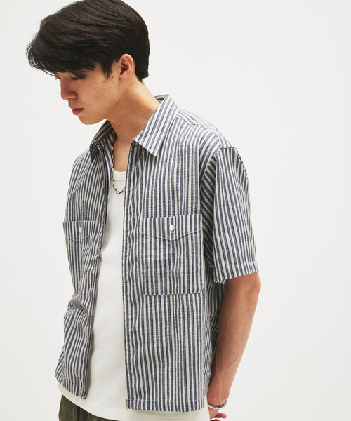 JOURNAL STANDARD(ジャーナルスタンダード)の「ストライプ サッカー ジップ シャツ(シャツ/ブラウス・メンズ・ダークブルー/ホワイト・LARGE/MEDIUM)」の14枚目の写真
