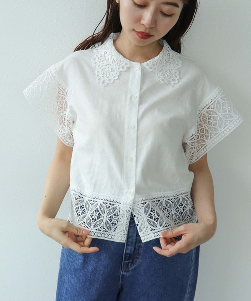 Cepica(セピカ)の「レース刺繍ショートブラウス(シャツ/ブラウス・レディース・ブラック/オフホワイト・FREE)」の2枚目の写真