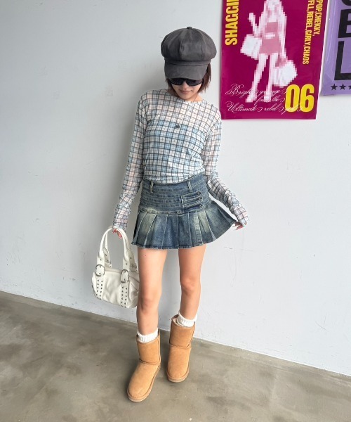SHAGGIE(シャギー)の「総柄チェックプリントシアートップス(Tシャツ/カットソー・レディース・レッド/ミント/アイボリー・FREE)」の12枚目の写真
