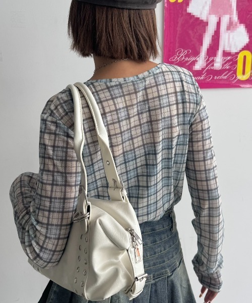 SHAGGIE(シャギー)の「総柄チェックプリントシアートップス(Tシャツ/カットソー・レディース・レッド/ミント/アイボリー・FREE)」の11枚目の写真