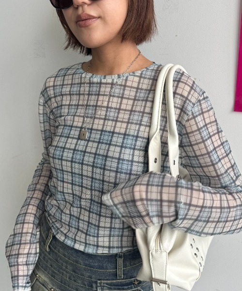 SHAGGIE(シャギー)の「総柄チェックプリントシアートップス(Tシャツ/カットソー・レディース・レッド/ミント/アイボリー・FREE)」の10枚目の写真