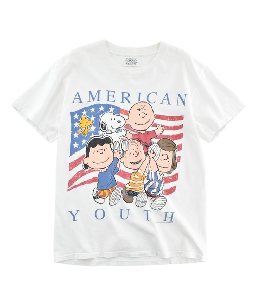 Vintage PEANUTS(ビンテージピーナッツ)の「【USED】90’s Peanuts “Snoopy/ AMRICAN YOUTH” キャラクター Tシャツ(Tシャツ/カットソー・メンズ・ホワイト・LARGE)」の1枚目の写真