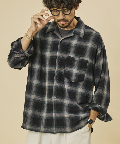 FREAK'S STORE(フリークスストア)の「リラックスフィット シアー オンブレチェックシャツ/オープンカラーシャツ(シャツ/ブラウス・メンズ・ブラック/ブラウン/オフホワイト・MEDIUM/LARGE)」の1枚目の写真