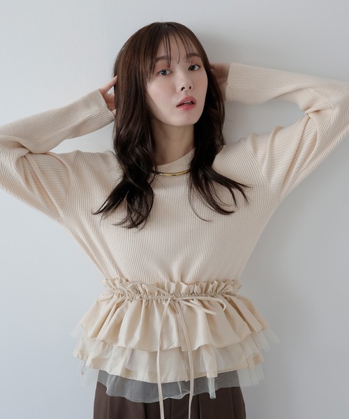 AMUU. PRECIEUSE(アムープレシューズ)の「3wayチュールフリルペプラムニット(ニット/セーター・レディース・チャコールグレー/ブラック/アイボリー/ブラウン・FREE)」の8枚目の写真