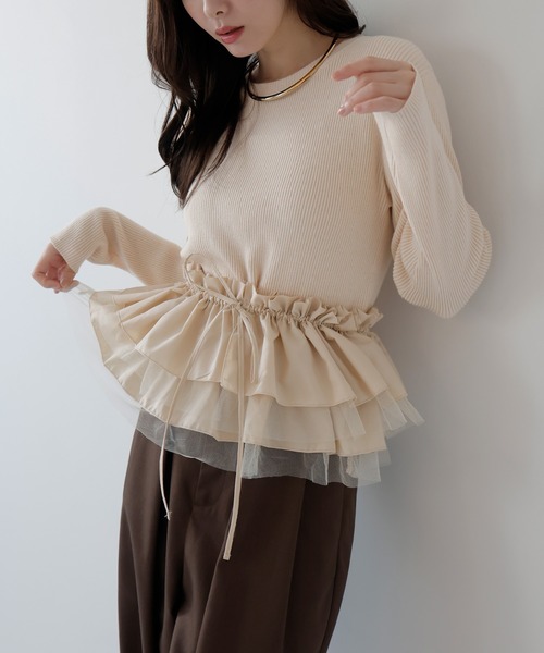 AMUU. PRECIEUSE(アムープレシューズ)の「3wayチュールフリルペプラムニット(ニット/セーター・レディース・チャコールグレー/ブラック/アイボリー/ブラウン・FREE)」の9枚目の写真