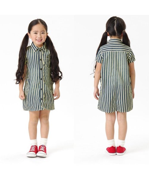 BREEZE（ブリーズ）の「デニムシャツワンピ（シャツワンピース・キッズ・サックスブルー/ネイビー/ストライプ・80/140/100/120/95/110/130/90）」の4枚目の写真