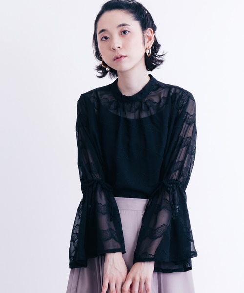 merlot plus(メルロープリュス)の「スカラップ刺繍レースキャンディスリーブブラウス2363(シャツ/ブラウス・レディース・ブラック/ホワイト・FREE)」の1枚目の写真