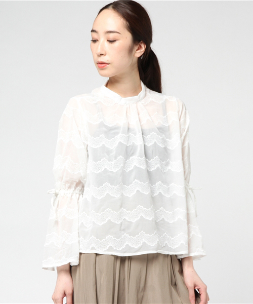 merlot plus(メルロープリュス)の「スカラップ刺繍レースキャンディスリーブブラウス2363(シャツ/ブラウス・レディース・ブラック/ホワイト・FREE)」の14枚目の写真