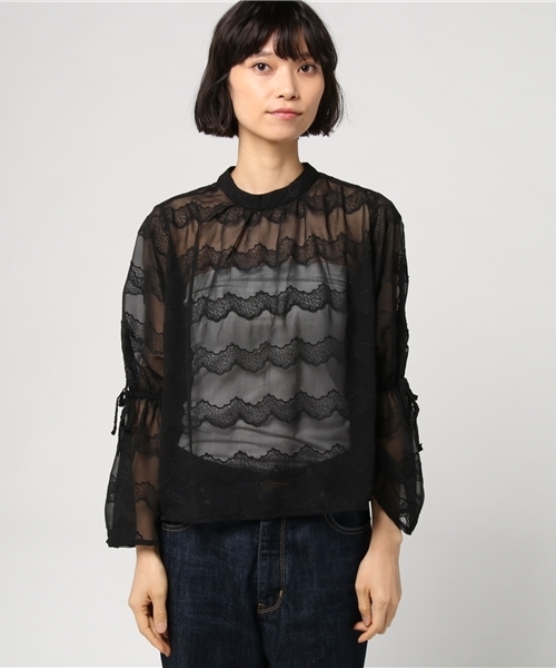 merlot plus(メルロープリュス)の「スカラップ刺繍レースキャンディスリーブブラウス2363(シャツ/ブラウス・レディース・ブラック/ホワイト・FREE)」の9枚目の写真
