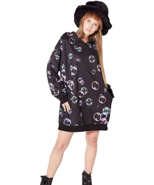 ankoROCK アンコロック　シャボン玉　ストレッチ　ポリ　長袖シャツ　闇可愛い　マッドポップ　ブラック セールチェック柄ボリュームネックラインジャージ -オーバーサイズ