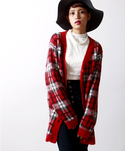 WEGO(ウィゴー)の「WEGO/シャギーチェックカーディガン(カーディガン/ボレロ・レディース・ブルー/レッド・FREE)」の1枚目の写真