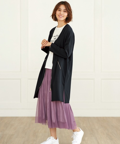 BELLUNA PLUS(ベルーナ)の「ジッパー使いVネックロングジャケット(ノーカラージャケット・レディース・ネイビー/ブルー系その他/ピンクベージュ・MEDIUM/LARGE/X-LARGE)」の4枚目の写真