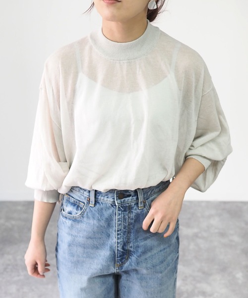 Riberry(リベリー)の「7分袖シアーニットプルオーバー(ニット/セーター・レディース・ライトグレー/ベージュ/ネイビー/モカ・MEDIUM)」の1枚目の写真
