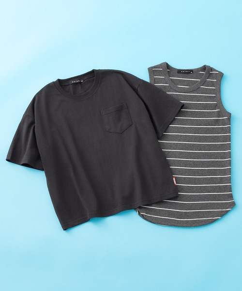 SHISKY(シスキー)の「SHISKY / シスキー ビッグシルエット ポケット付き 無地カットソー 5分袖 キッズ (5分袖カットソー+タンクトップ)(Tシャツ/カットソー・キッズ・グレー系その他/杢グレー/チャコール/グリーン系その他/ブラック系その他/ブラウン系その他/ベージュ/ホワイト・110cm/130cm/150cm/120cm/140cm/160cm)」の2枚目の写真