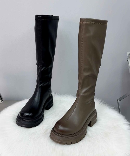 ブラウンレザーブーツ 高ヒール バックジップ HALEY PESCA（ヘーリーペスカ）の「HALEY PESCA/厚底PUレザー バック