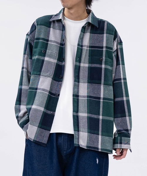 GLOVE HOUSE（グローブハウス）の「【a】ヘビーネルチェック裏起毛　ルーズシャツ（シャツ/ブラウス・メンズ・ネイビー/グリーン/サックスブルー/ブルー/レッド/グリーン系その他/ネイビー系/レッド系その他/ホワイト/イエロー/ベージュ・MEDIUM/LARGE/X-LARGE）」の18枚目の写真