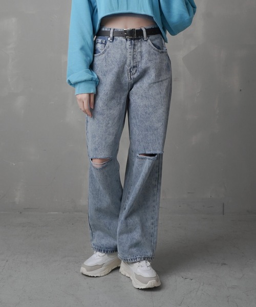 SPINNS（スピンズ）の「カットオフデニム ストレートパンツ（デニムパンツ・レディース・ブラック/インディゴブルー/ブラック系その他/ケミカルウォッシュ・S/M）」の6枚目の写真