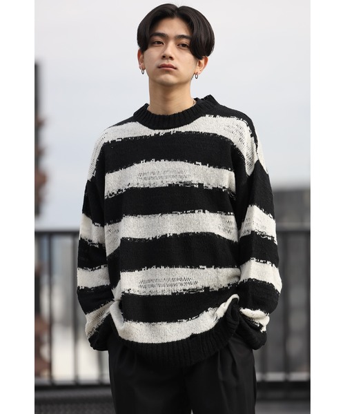 CREARE -LINO-（クレアーレリノ）の「グランジ ダメージ ルーズニット（ニット/セーター・メンズ・ブラック/アイボリー/ブラック×ホワイト・M/L）」の3枚目の写真