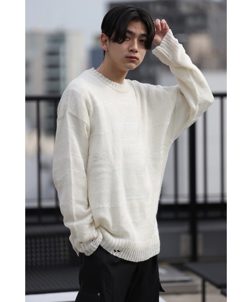 CREARE -LINO-（クレアーレリノ）の「グランジ ダメージ ルーズニット（ニット/セーター・メンズ・ブラック/アイボリー/ブラック×ホワイト・M/L）」の2枚目の写真