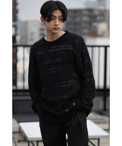 CREARE -LINO-（クレアーレリノ）の「グランジ ダメージ ルーズニット（ニット/セーター・メンズ・ブラック/アイボリー/ブラック×ホワイト・M/L）」の16枚目の写真