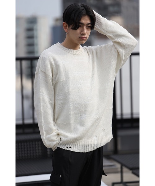 CREARE -LINO-（クレアーレリノ）の「グランジ ダメージ ルーズニット（ニット/セーター・メンズ・ブラック/アイボリー/ブラック×ホワイト・M/L）」の9枚目の写真