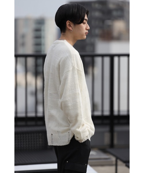 CREARE -LINO-（クレアーレリノ）の「グランジ ダメージ ルーズニット（ニット/セーター・メンズ・ブラック/アイボリー/ブラック×ホワイト・M/L）」の6枚目の写真