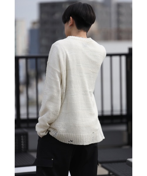 CREARE -LINO-（クレアーレリノ）の「グランジ ダメージ ルーズニット（ニット/セーター・メンズ・ブラック/アイボリー/ブラック×ホワイト・M/L）」の4枚目の写真