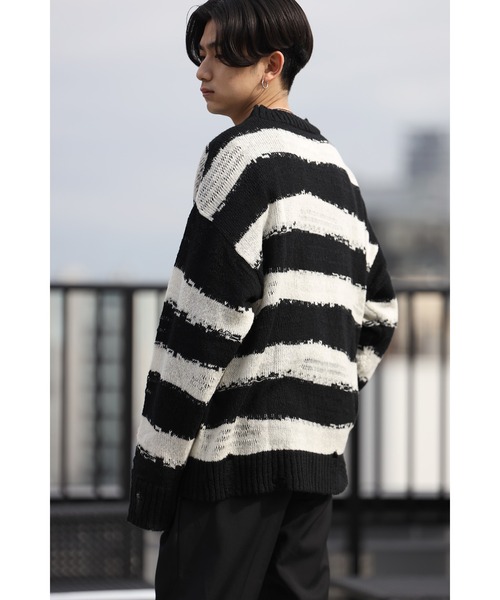 CREARE -LINO-（クレアーレリノ）の「グランジ ダメージ ルーズニット（ニット/セーター・メンズ・ブラック/アイボリー/ブラック×ホワイト・M/L）」の15枚目の写真