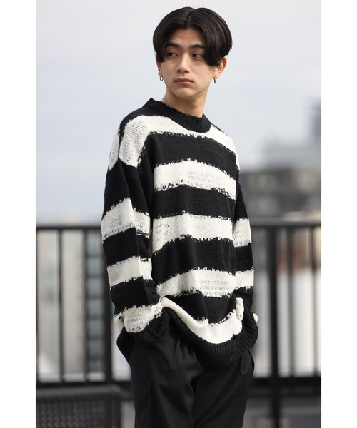 CREARE -LINO-（クレアーレリノ）の「グランジ ダメージ ルーズニット（ニット/セーター・メンズ・ブラック/アイボリー/ブラック×ホワイト・M/L）」の19枚目の写真