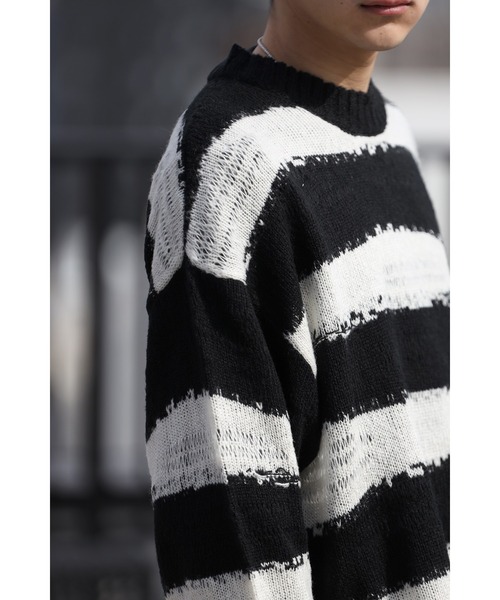 CREARE -LINO-（クレアーレリノ）の「グランジ ダメージ ルーズニット（ニット/セーター・メンズ・ブラック/アイボリー/ブラック×ホワイト・M/L）」の17枚目の写真