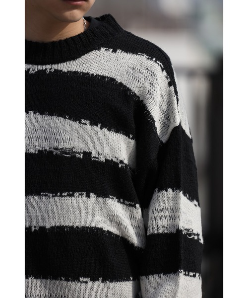 CREARE -LINO-（クレアーレリノ）の「グランジ ダメージ ルーズニット（ニット/セーター・メンズ・ブラック/アイボリー/ブラック×ホワイト・M/L）」の11枚目の写真