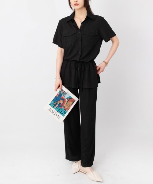 solleim（ソルレム）の「フロントポケットシャツパンツセットアップ（セットアップ・レディース・ブラック/オフホワイト・M）」の6枚目の写真