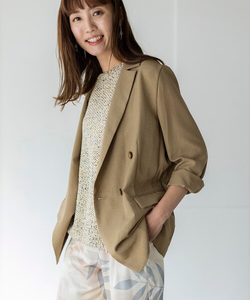 THE SHOP TK （ザ ショップ ティーケー ）の「◆麻調リラックステーラード ダブルジャケット（テーラードジャケット・レディース・ライトグリーン/サンドベージュ・12/13）」の2枚目の写真