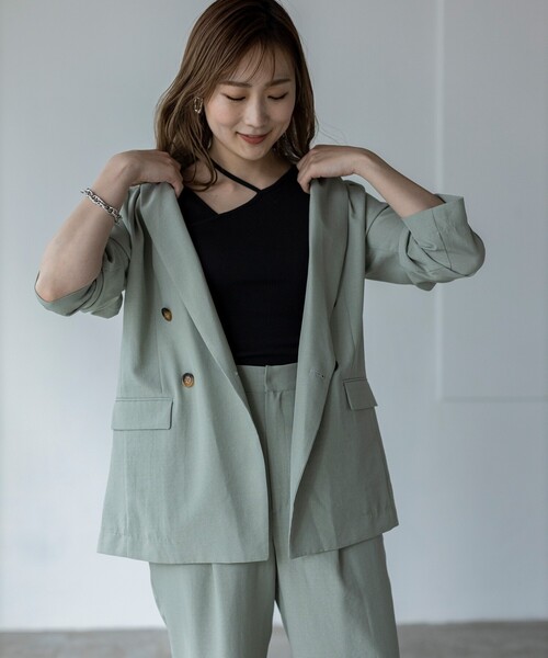 THE SHOP TK （ザ ショップ ティーケー ）の「◆麻調リラックステーラード ダブルジャケット（テーラードジャケット・レディース・ライトグリーン/サンドベージュ・12/13）」の11枚目の写真