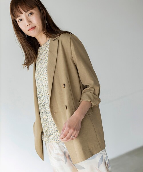 THE SHOP TK （ザ ショップ ティーケー ）の「◆麻調リラックステーラード ダブルジャケット（テーラードジャケット・レディース・ライトグリーン/サンドベージュ・12/13）」の3枚目の写真