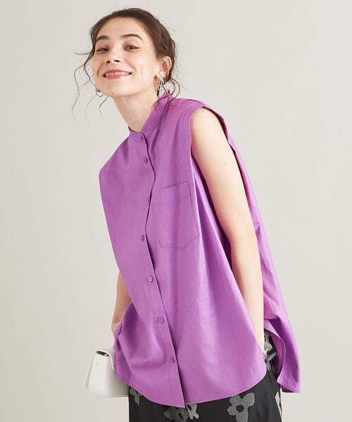 BEAUTY&YOUTH UNITED ARROWS（ビューティーアンドユースユナイテッドアローズ）の「【WEB限定】麻レーヨン バンドカラーノースリーブシャツ -ウォッシャブル-（シャツ/ブラウス・レディース・レッド/ライラック/ケリー/コバルトブルー・FREE）」の3枚目の写真