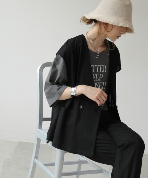 frames RAY CASSIN（フレームスレイカズン）の「WEB限定 リネンブレンドノーカラージレ セットアップ着用可（ベスト・レディース・ブラック/グレイッシュベージュ/キナリ・FREE）」の16枚目の写真