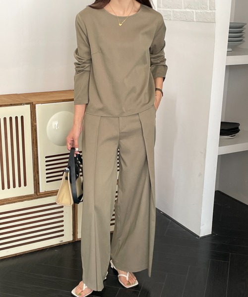 Diosfront（ディオスフロント）の「タックセンタープレスワイドパンツセットアップ（長袖）（セットアップ・レディース・チャコールグレー/ネイビー/ベージュ/ブラウン/ブルーグレー/カーキ・S/M）」の14枚目の写真