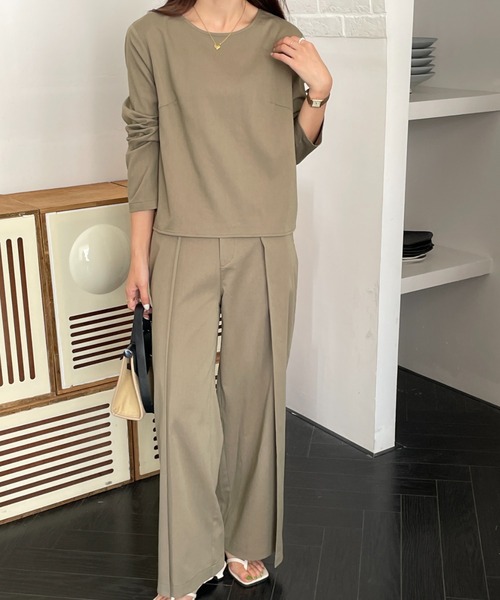 Diosfront（ディオスフロント）の「タックセンタープレスワイドパンツセットアップ（長袖）（セットアップ・レディース・チャコールグレー/ネイビー/ベージュ/ブラウン/ブルーグレー/カーキ・S/M）」の13枚目の写真