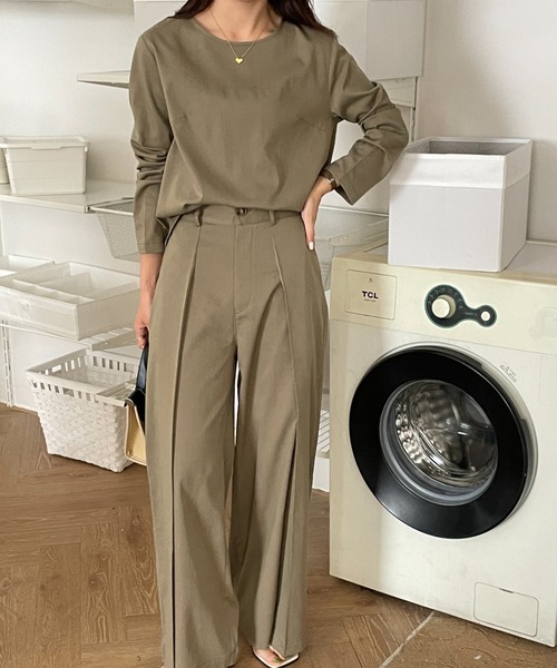 Diosfront（ディオスフロント）の「タックセンタープレスワイドパンツセットアップ（長袖）（セットアップ・レディース・チャコールグレー/ネイビー/ベージュ/ブラウン/ブルーグレー/カーキ・S/M）」の7枚目の写真