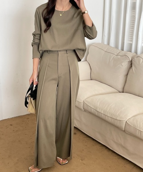 Diosfront（ディオスフロント）の「タックセンタープレスワイドパンツセットアップ（長袖）（セットアップ・レディース・チャコールグレー/ネイビー/ベージュ/ブラウン/ブルーグレー/カーキ・S/M）」の8枚目の写真