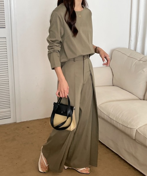 Diosfront（ディオスフロント）の「タックセンタープレスワイドパンツセットアップ（長袖）（セットアップ・レディース・チャコールグレー/ネイビー/ベージュ/ブラウン/ブルーグレー/カーキ・S/M）」の10枚目の写真