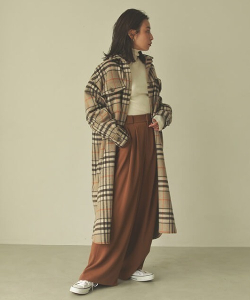 CREDONA(クレドナ)の「ロングチェックシャツコート(その他アウター・レディース・ベージュ・FREE)」の4枚目の写真