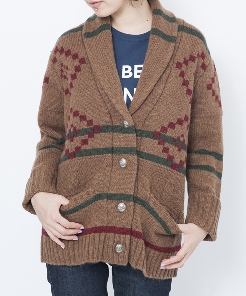 MILKFED.（ミルクフェド）の「【mini12月号掲載】SHAWL COLLAR NATIVE CARDIGAN（カーディガン/ボレロ・レディース・ホワイト/ブラウン・ONE SIZE）」の2枚目の写真