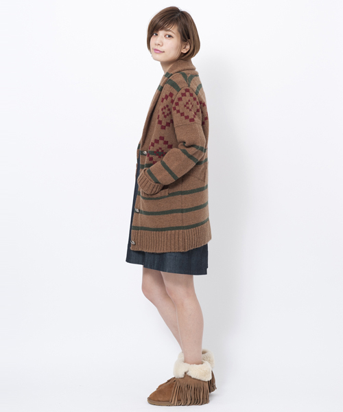 MILKFED.（ミルクフェド）の「【mini12月号掲載】SHAWL COLLAR NATIVE CARDIGAN（カーディガン/ボレロ・レディース・ホワイト/ブラウン・ONE SIZE）」の3枚目の写真