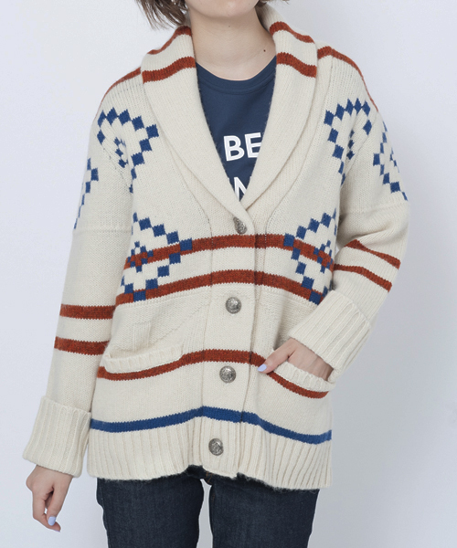 MILKFED.（ミルクフェド）の「【mini12月号掲載】SHAWL COLLAR NATIVE CARDIGAN（カーディガン/ボレロ・レディース・ホワイト/ブラウン・ONE SIZE）」の5枚目の写真