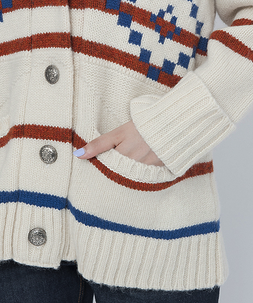 MILKFED.（ミルクフェド）の「【mini12月号掲載】SHAWL COLLAR NATIVE CARDIGAN（カーディガン/ボレロ・レディース・ホワイト/ブラウン・ONE SIZE）」の8枚目の写真